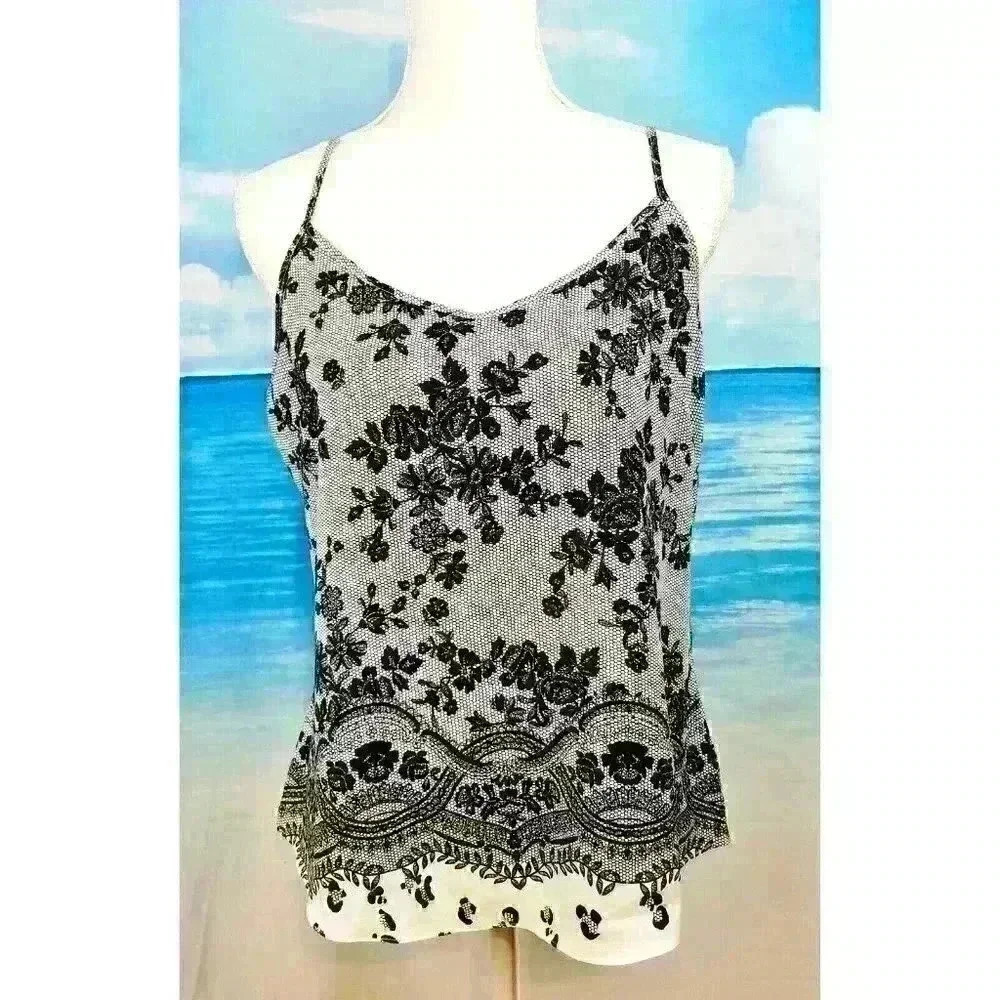 WORTHINGTON Womans BLACK/WHITE/GRAY Shirt LACE Lightweight Cami Top size Med